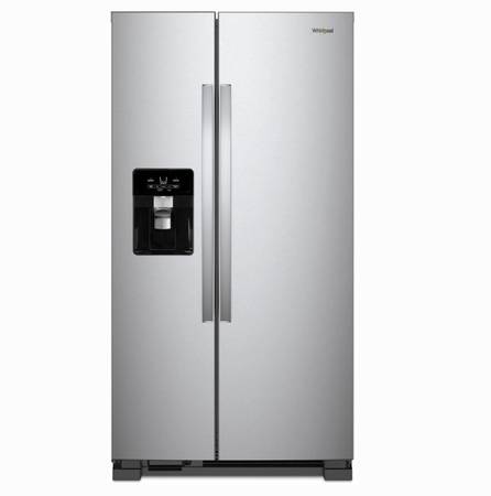 36 Inch Whirlpool Side by Side Refrigerator New Open Box *Refrigerator 24.55 Cu. Ft. , Can Caddy, Frameless Glass Shelves, External Ice and Water Dispenser, EveryDrop Water Filtration, ADA Fingerprint Resistant Stainless Steel