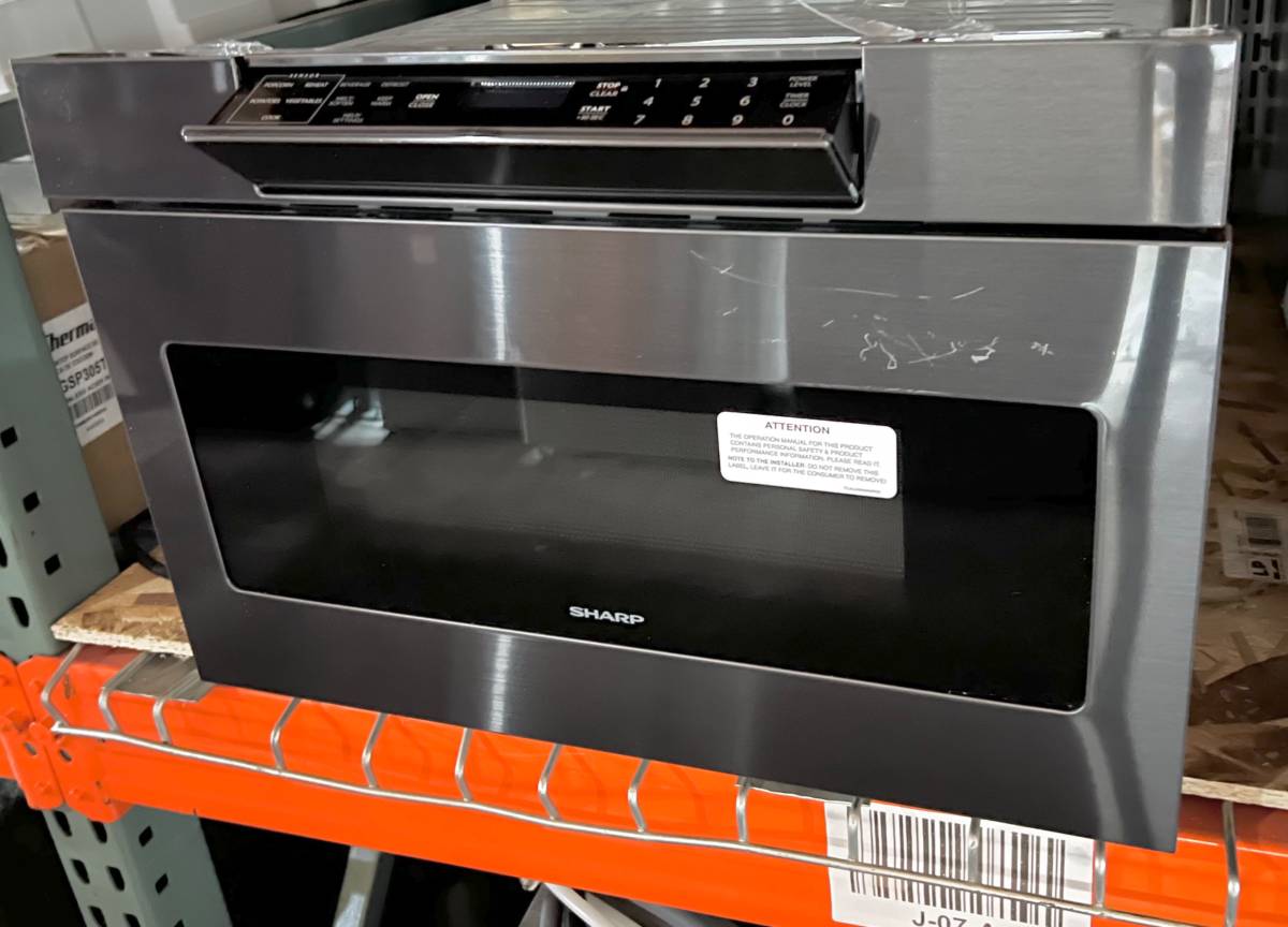 24 Inch Microwave Drawer SMD2470AH Sharp Black Stainless Steel * New Open Box Easy Touch, Hidden Control Panel,  Sensor Cook, Design Flexibility, Timer, 1,000 Watts,  1.2 cu. ft. Capacity, Reheat Keep Warm