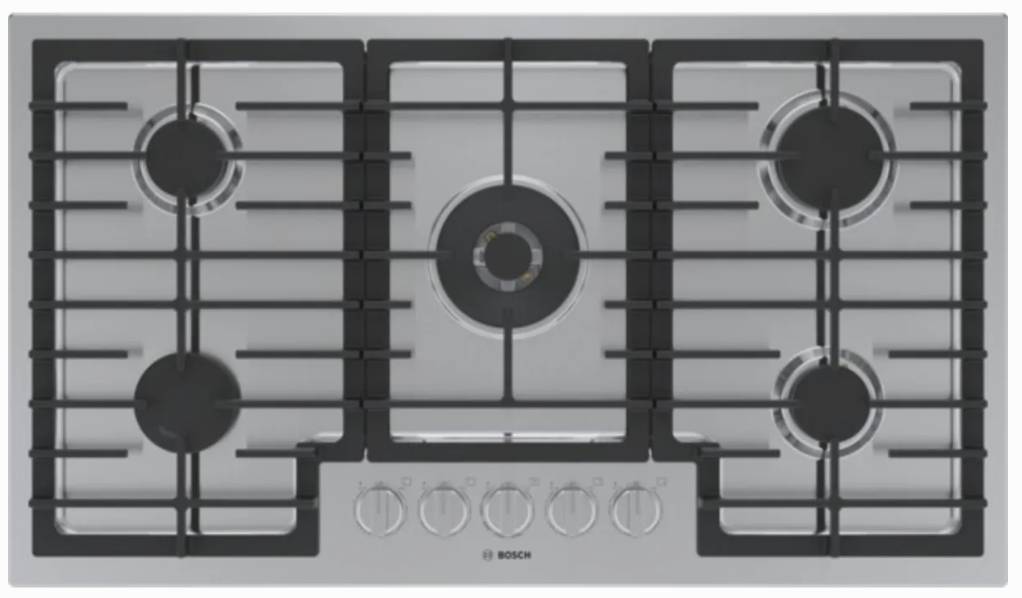 36 INCH Bosch 800 Series NGM8659UC Built-In Gas Cooktop * NEW * 5 Sealed Burners, FlameSelect, LED Burner Indicator, OptiSim Burner, Dual-Flame Power Burner, Continuous Cast-Iron Dishwasher-Safe Grates ADA Compliant , Stainless Steel .