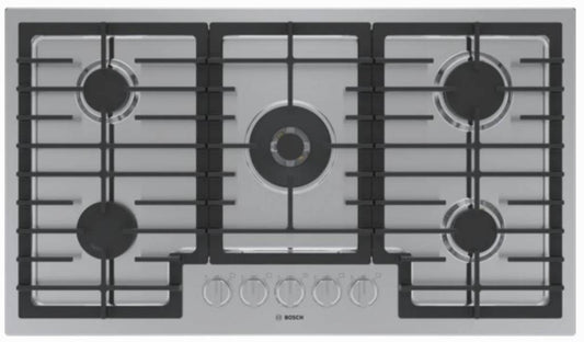 36 INCH Bosch 800 Series NGM8659UC Built-In Gas Cooktop * NEW * 5 Sealed Burners, FlameSelect, LED Burner Indicator, OptiSim Burner, Dual-Flame Power Burner, Continuous Cast-Iron Dishwasher-Safe Grates ADA Compliant , Stainless Steel .
