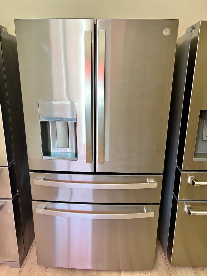36 INCH GE PROFILE PVD28BYNGFS 4 Door French Door Smart Refrigerator , 27.9 CU Ft , Door in Door , Adjustable Temperature Drawer , LED Light Wall , Wi-Fi , Water and Ice Dispenser , Energy Star * New Open Box * , Stainless Steel .