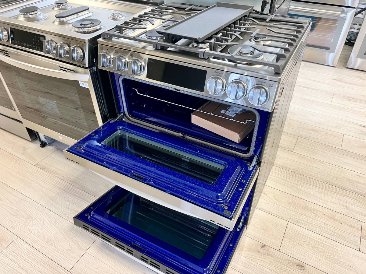 30 INCH LG LTGL6937F Slide-In Gas Range 5 Burners, Double Oven. * New Open Box ProBake Convection, Air Fry, EasyClean, SmoothTouch Glass Controls, WideView Window, Wi-Fi Connectivity, ThinQ Technology , UltraHeat Burner Print Proof Stainless Steel .