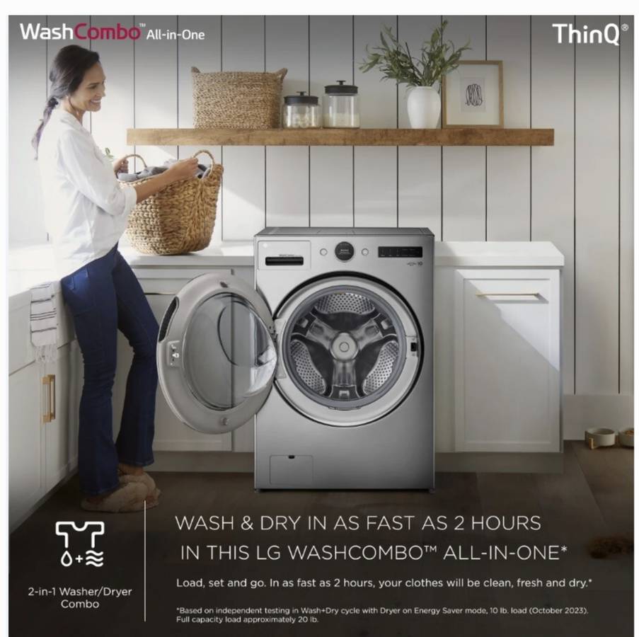 27 INCH LG WM6998HVA Washer Dryer Combo  5 cu ft., Inverter Heat Pump, Ventless,  LCD Dial Control, Turbo Wash 360,  Auto Cleaning Condenser,  Anti- Vibration System, Energy Star , Graphite Steel .  * New Open Box *