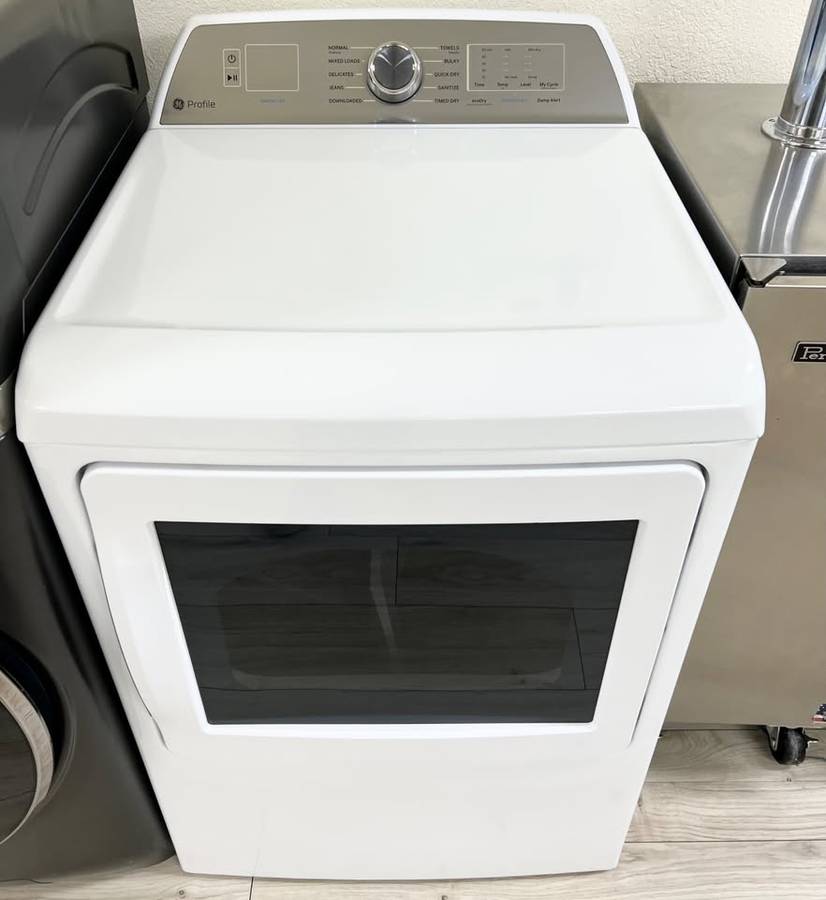 27 INCH GE Profile PTD60EBSRWS Electric Dryer 7.4 Cu. Ft. Sanitize Built-In WiFi Powered by SmartHQ, Washer Link, Sanitize Cycle, My Cycle, Quick Dry, Sensor Dry, Eco Dry, * New Open Box * Energy Star, White .