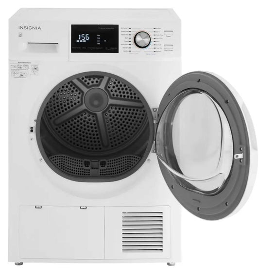 24 INCH Insignia 4.4 Cu. Ft. Stackable Electric Dryer Ventless *New Open Box * White , 16 Cycle , Ventless , Energy Star Certified , Damp Dry Signal , LCD Screen  with Knob , 4.4 CU FT ,