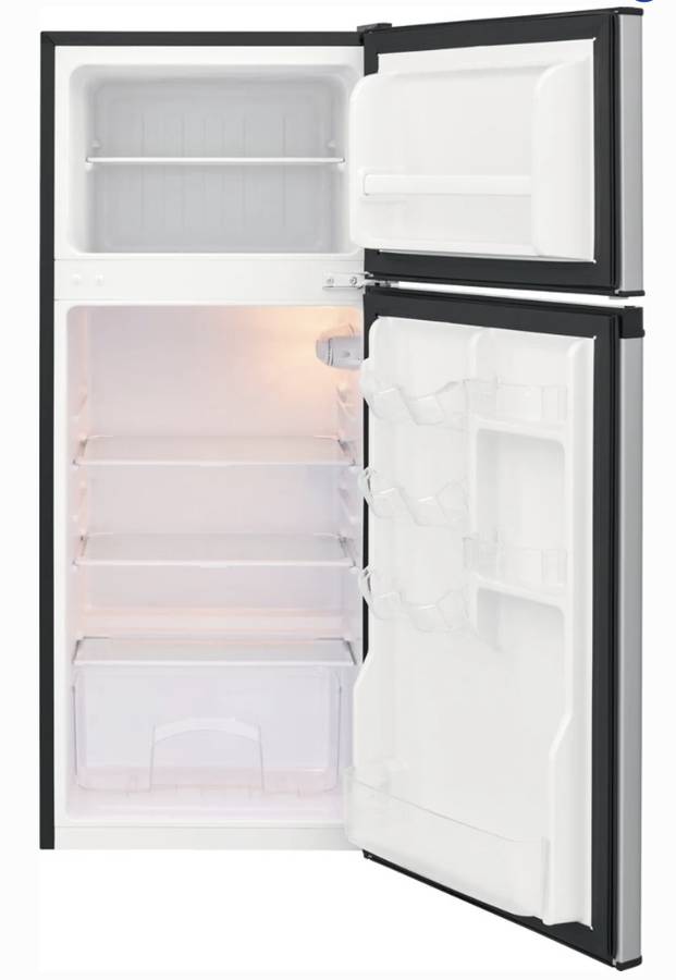 19 INCH Frigidaire FFPS4533UM Compact Top Freezer Refrigerator * New Open Box 4.5 cu. ft., Easy Access Can Holders, Adjustable Glass Shelves, Full-Width Freezer, Interior Light, Clear Crisper Drawer, Energy Star , Stainless Steel .