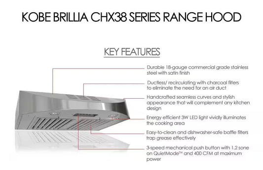 36 INCH KOBE 400 CFM Ductless Under Cabinet Range Hood * New Open Box * CHX3836SQBD3 , Stainless Steel