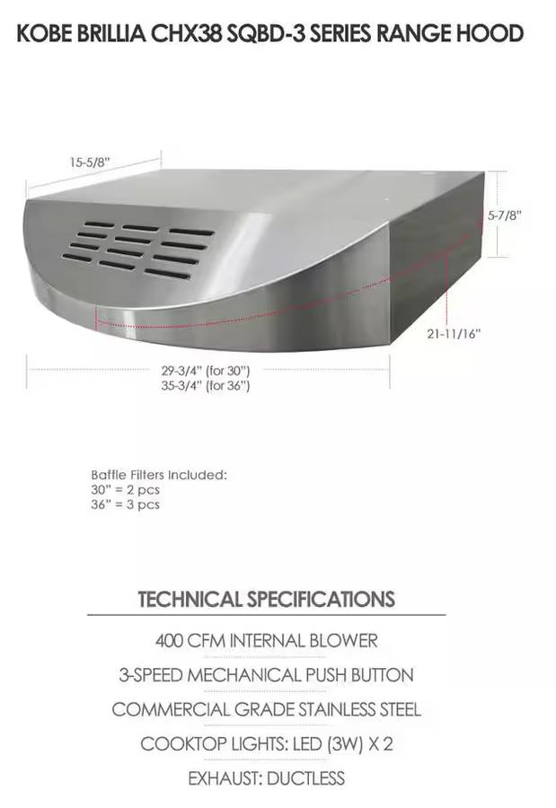 36 INCH KOBE 400 CFM Ductless Under Cabinet Range Hood * New Open Box * CHX3836SQBD3 , Stainless Steel
