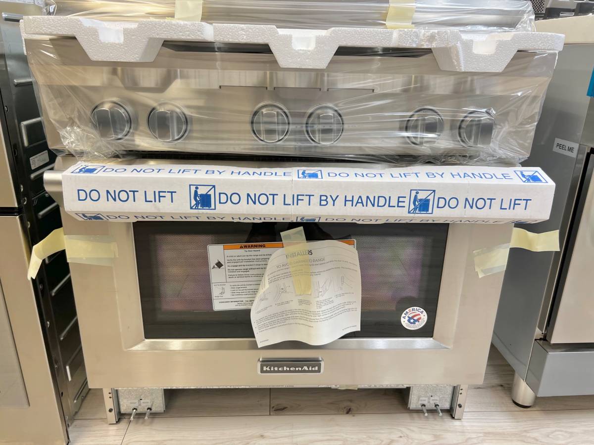 36 INCH Kitchenaid KDRS467VSS Dual Fuel Range * New Open Box * Stainless Steel , 6 Sealed Burners , Commercial Style , Continuous Grates , Hidden Bake Element, Proofing , Bread, Even Heat , 2 20k BTU Ultra Power Dual Flame Burners