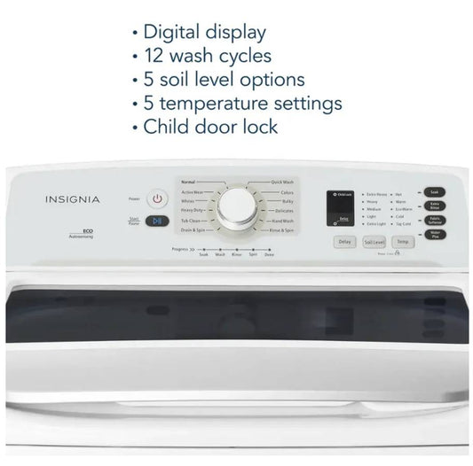 27 INCH Insignia 4.1 Cu. Ft. High Efficiency Top Load Washer White New * Open Box * 4.1 Cu Ft 11 Washing Programs Child Lock Delay Start  Eco Warm Cold Hot High Efficiency Energy Star