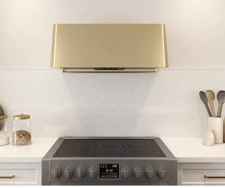 36 INCH Zephyr Designer Mesa DMEM90ASGX Wall Mount Range Hood GOLD with Invisible Touch Controls , Try-Level LED , Baffle Filters, Multiple Blower Options. , Clean Air Funciton , Delay-Off , UL Listed, New Open Box