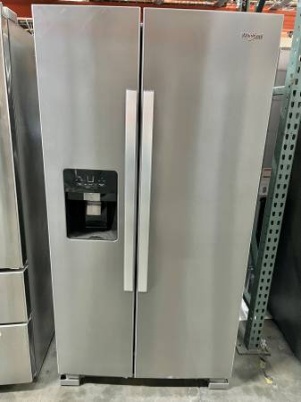 36 Inch Whirlpool Side by Side Refrigerator New Open Box *Refrigerator 24.55 Cu. Ft. , Can Caddy, Frameless Glass Shelves, External Ice and Water Dispenser, EveryDrop Water Filtration, ADA Fingerprint Resistant Stainless Steel