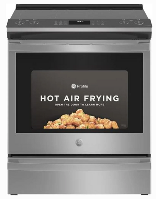30 Inch GE Profile PSS93YP9FS Slide-In Electric Range New Open Box * 5.3 Cu Ft True Convection Oven , Storage Drawer ,  100 Warming Zone , Steam Clean , Wi-Fi ,  Adjustable Oven Racks ,  Fingerprint Resistant Stainless Steel .