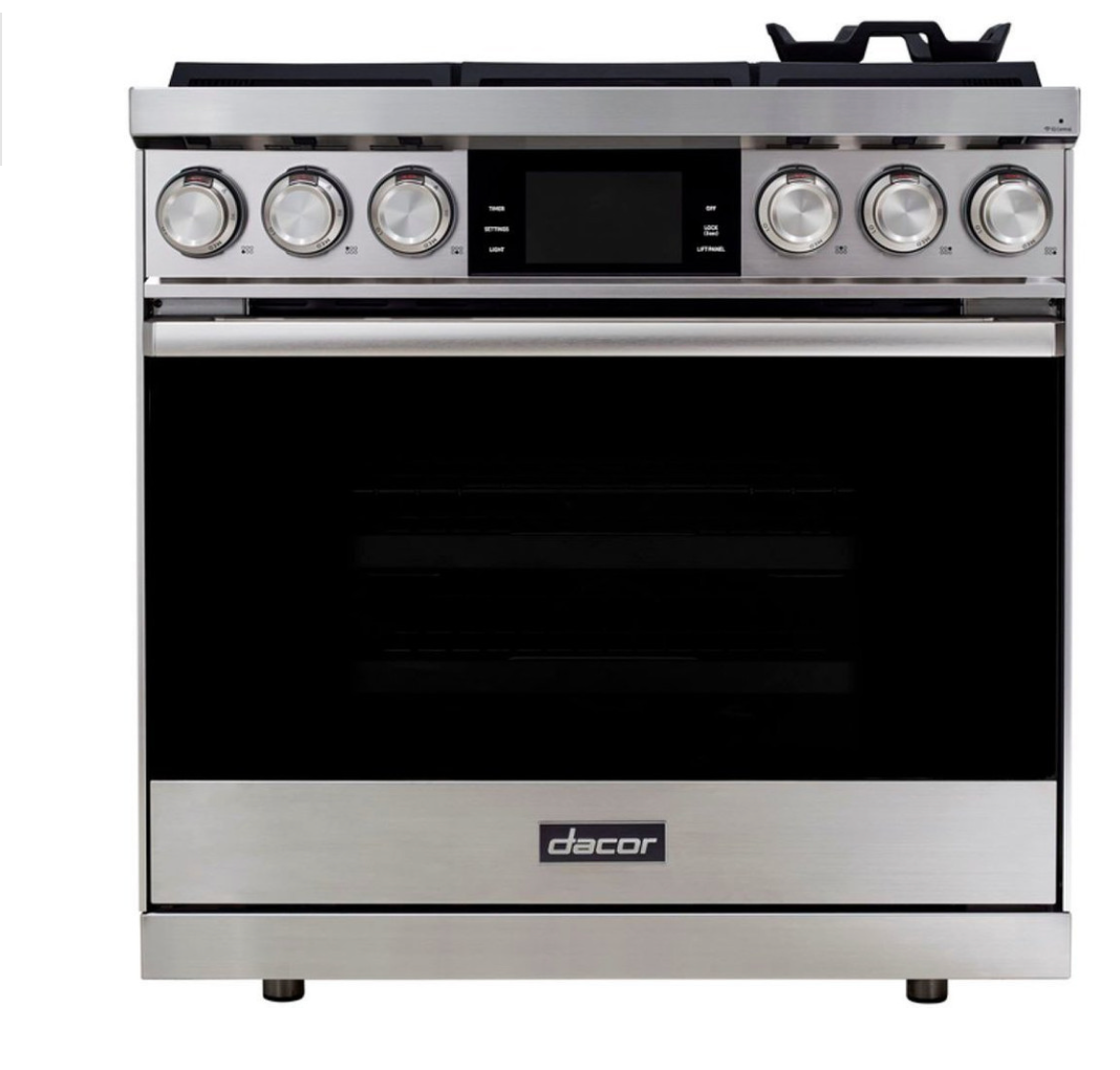 36 INCH Dacor Contemporary DOP36C86DLS Freestanding Dual Fuel Smart Steam Range with 6 Sealed Burners, 4.8 cu. ft. Oven Capacity, and Four-Part Pure Convection: Silver Stainless Natural gas Or Propane LP