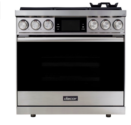 36 INCH Dacor Contemporary  DOP36C86DLS Freestanding Dual Fuel Smart Steam Range with 6 Sealed Burners, 4.8 cu. ft. Oven Capacity, and Four-Part Pure Convection: Silver Stainless Natural gas Or Propane LP