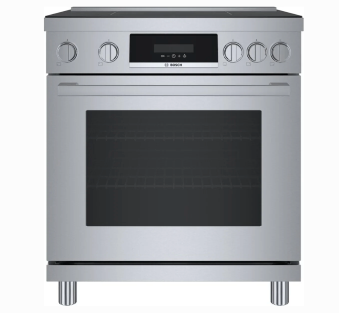 30 INCH Bosch 800 Series HIIS8055U 30 Inch Freestanding Induction Range , 4 Elements , 10 Cooking Modes , Quiet Close Door Hinges , Convection Oven , Sabbath, Digital Display Stainless Steel New Open Box