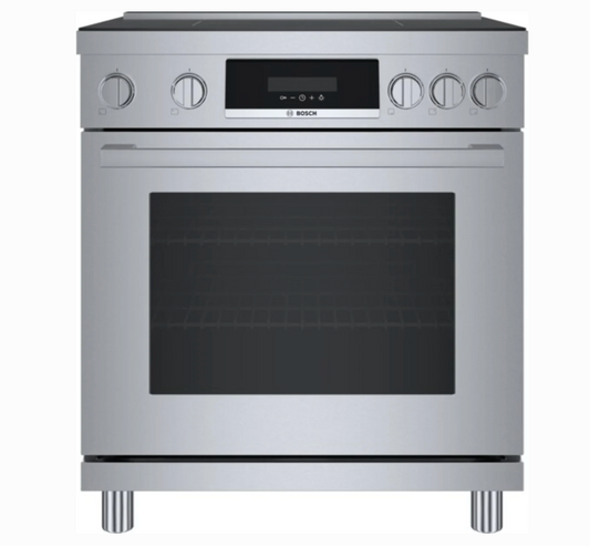 30 INCH Bosch 800 Series  HIIS8055U  30 Inch Freestanding Induction Range , 4 Elements , 10 Cooking Modes , Quiet Close Door Hinges , Convection Oven , Sabbath, Digital Display  Stainless Steel  New Open Box