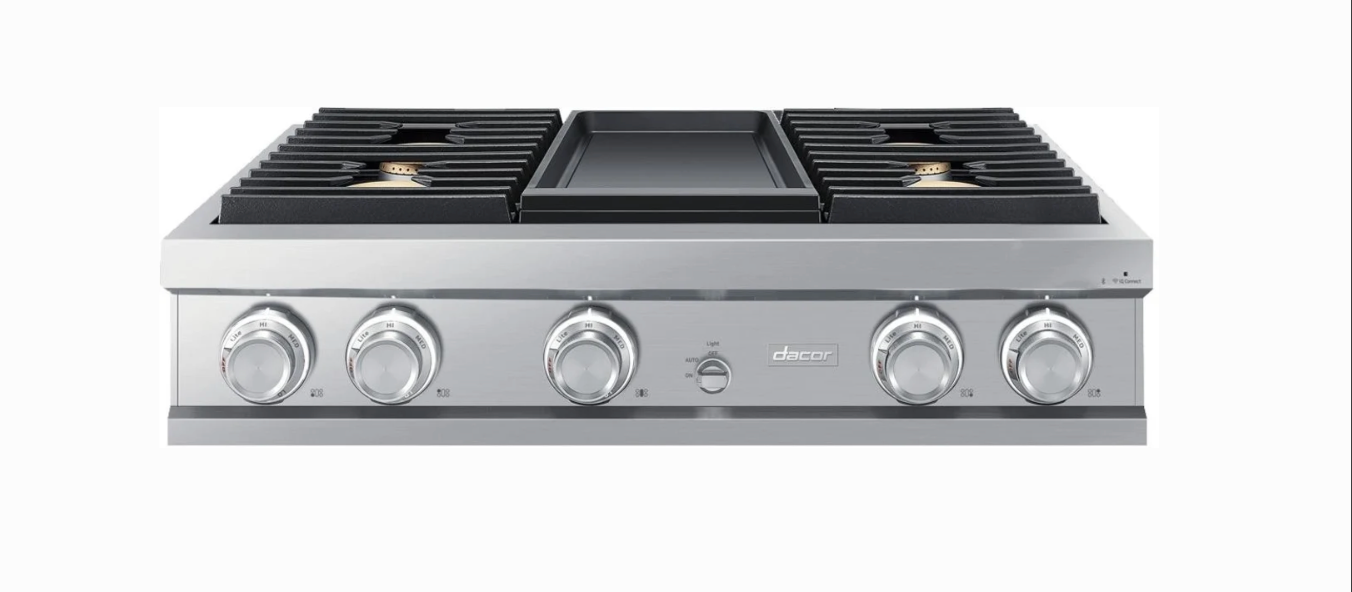 36 INCH Dacor Contemporary DTT36M974LS Gas Rangetop * New Open Box * 4 Sealed Burners, Continuous Grates, Auto Connected Hood, Simmer Sear Burners, Illumina Knobs, Electric Griddle , Stainless Steel, Natural Gas