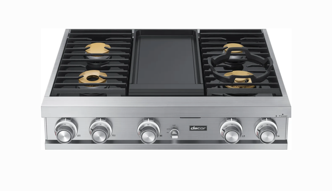 36 INCH Dacor Contemporary DTT36M974LS Gas Rangetop * New Open Box * 4 Sealed Burners, Continuous Grates, Auto Connected Hood, Simmer Sear Burners, Illumina Knobs, Electric Griddle , Stainless Steel, Natural Gas