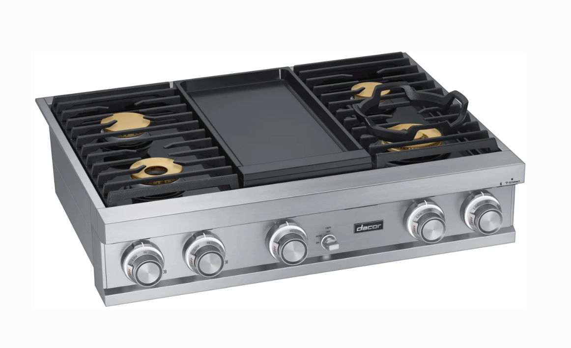 36 INCH Dacor Contemporary DTT36M974LS Gas Rangetop * New Open Box * 4 Sealed Burners, Continuous Grates, Auto Connected Hood, Simmer Sear Burners, Illumina Knobs, Electric Griddle , Stainless Steel, Natural Gas