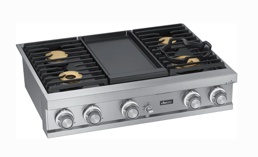 36 INCH Dacor Contemporary  DTT36M974LS  Gas Rangetop * New Open Box * 4 Sealed Burners, Continuous Grates, Auto Connected Hood, Simmer Sear Burners, Illumina Knobs, Electric Griddle , Stainless Steel, Natural Gas