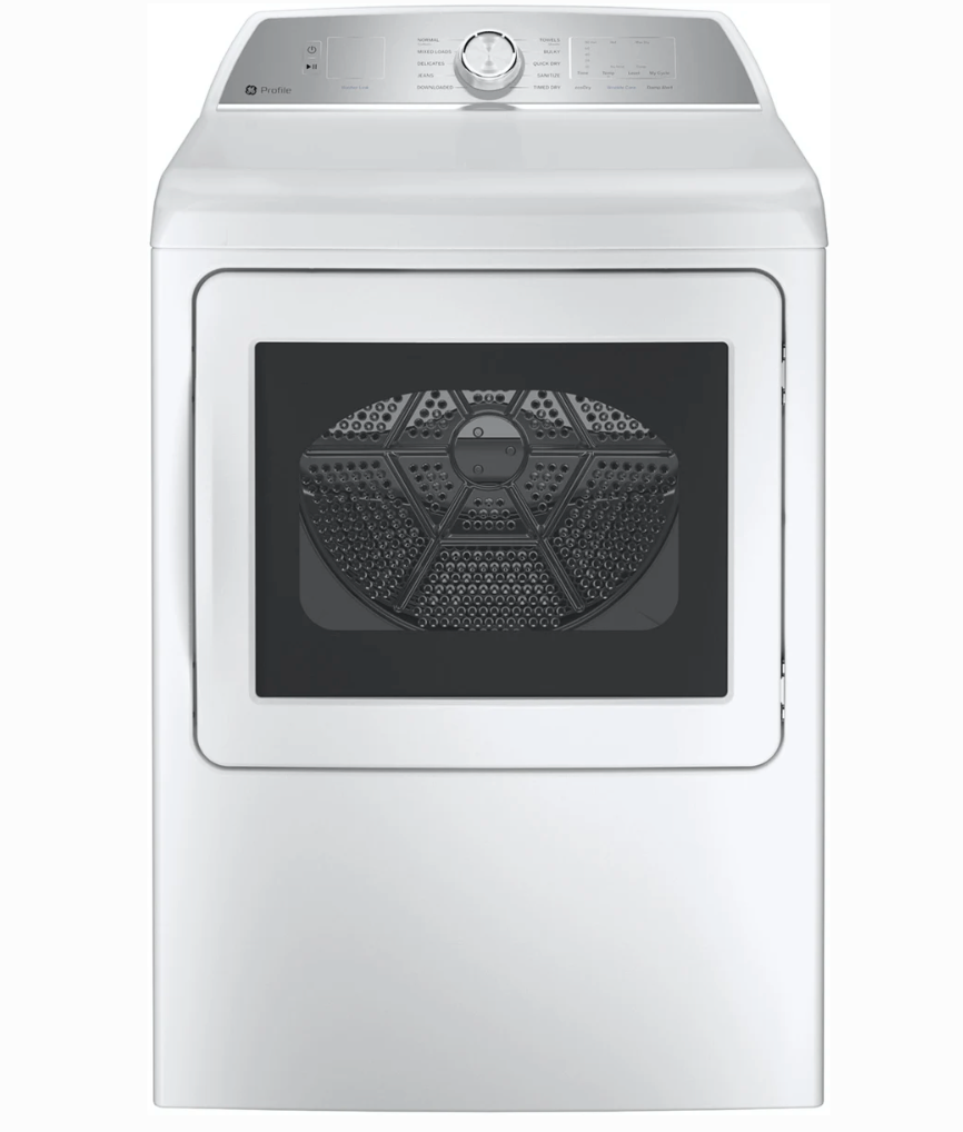 27 INCH GE Profile PTD60EBSRWS Electric Dryer 7.4 Cu. Ft. Sanitize Built-In WiFi Powered by SmartHQ, Washer Link, Sanitize Cycle, My Cycle, Quick Dry, Sensor Dry, Eco Dry, * New Open Box * Energy Star, White .