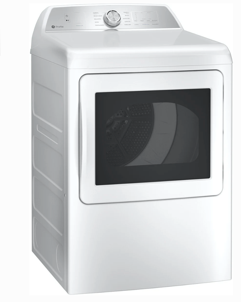 27 INCH GE Profile PTD60EBSRWS Electric Dryer 7.4 Cu. Ft. Sanitize Built-In WiFi Powered by SmartHQ, Washer Link, Sanitize Cycle, My Cycle, Quick Dry, Sensor Dry, Eco Dry, * New Open Box * Energy Star, White .