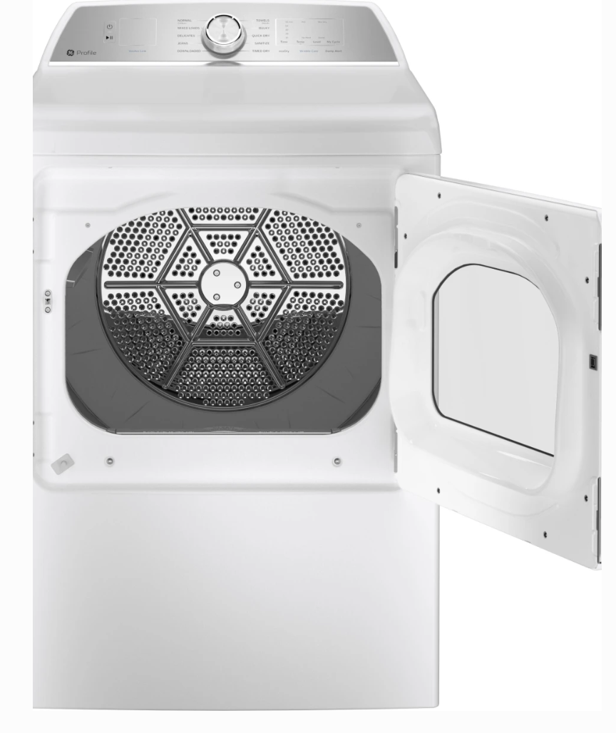 27 INCH GE Profile PTD60EBSRWS Electric Dryer 7.4 Cu. Ft. Sanitize Built-In WiFi Powered by SmartHQ, Washer Link, Sanitize Cycle, My Cycle, Quick Dry, Sensor Dry, Eco Dry, * New Open Box * Energy Star, White .