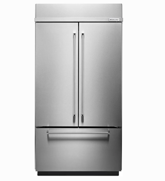 42 INCH KitchenAid  KBFN502ESS  Built-In French Door Refrigerator 24.2 cu. ft., 4 Glass Shelves, Preserva Food Care System, Automatic Ice Maker, Platinum Interior, LED * New Open Box * Door Open Alarm, Sabbath, ENERGY STAR Stainless Steel