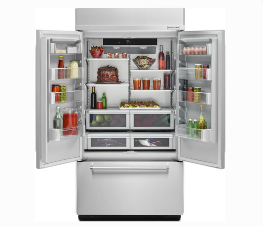 42 INCH KitchenAid  KBFN502ESS  Built-In French Door Refrigerator 24.2 cu. ft., 4 Glass Shelves, Preserva Food Care System, Automatic Ice Maker, Platinum Interior, LED * New Open Box * Door Open Alarm, Sabbath, ENERGY STAR Stainless Steel