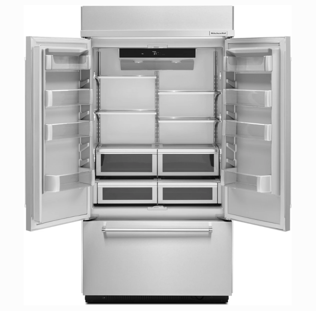 42 INCH KitchenAid KBFN502ESS Built-In French Door Refrigerator 24.2 cu. ft., 4 Glass Shelves, Preserva Food Care System, Automatic Ice Maker, Platinum Interior, LED * New Open Box * Door Open Alarm, Sabbath, ENERGY STAR Stainless Steel