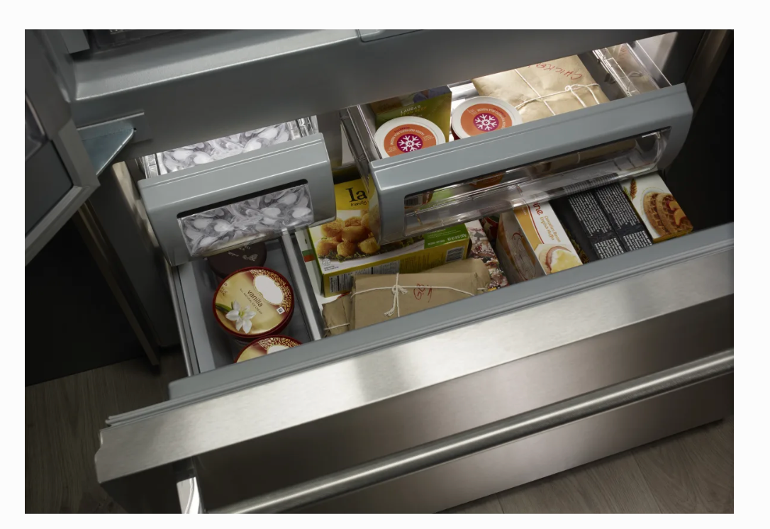 42 INCH KitchenAid KBFN502ESS Built-In French Door Refrigerator 24.2 cu. ft., 4 Glass Shelves, Preserva Food Care System, Automatic Ice Maker, Platinum Interior, LED * New Open Box * Door Open Alarm, Sabbath, ENERGY STAR Stainless Steel