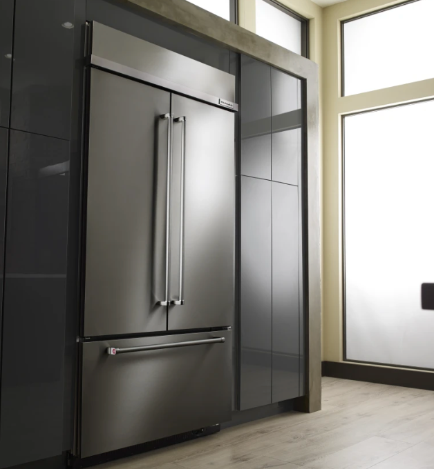 42 INCH KitchenAid KBFN502ESS Built-In French Door Refrigerator 24.2 cu. ft., 4 Glass Shelves, Preserva Food Care System, Automatic Ice Maker, Platinum Interior, LED * New Open Box * Door Open Alarm, Sabbath, ENERGY STAR Stainless Steel