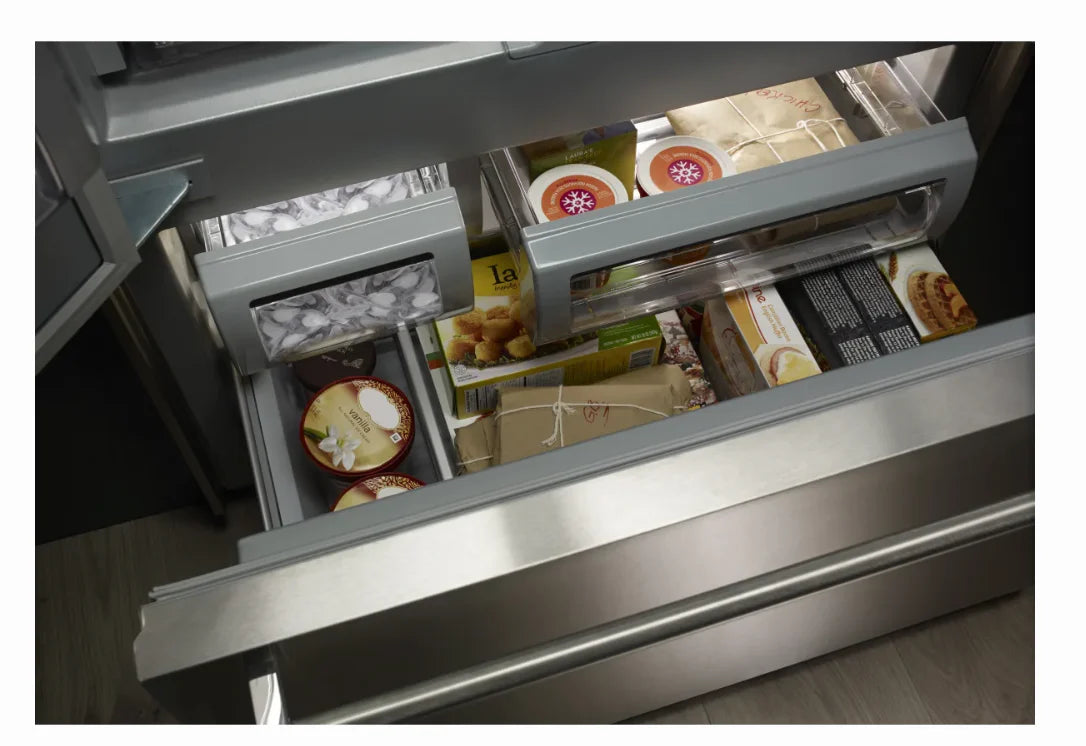 42 INCH KitchenAid KBFN502ESS Built-In French Door Refrigerator 24.2 cu. ft., 4 Glass Shelves, Preserva Food Care System, Automatic Ice Maker, Platinum Interior, LED * New Open Box * Door Open Alarm, Sabbath, ENERGY STAR Stainless Steel