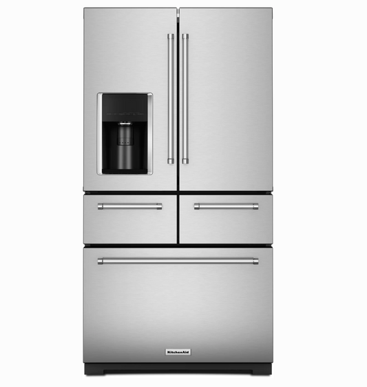 36 INCH KitchenAid KRMF706ESS 5-Door French Door Refrigerator * New Open Box *Freestanding 5-Door French Door Refrigerator 25.8 cu. ft., 5 Shelves, 2 Soft-Close Drawers, Exterior Ice and Water Dispenser, LED Lighting Sabbath Stainless Steel