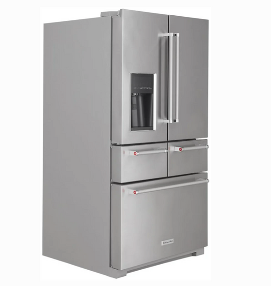 36 INCH KitchenAid KRMF706ESS 5-Door French Door Refrigerator * New Open Box *Freestanding 5-Door French Door Refrigerator 25.8 cu. ft., 5 Shelves, 2 Soft-Close Drawers, Exterior Ice and Water Dispenser, LED Lighting Sabbath Stainless Steel
