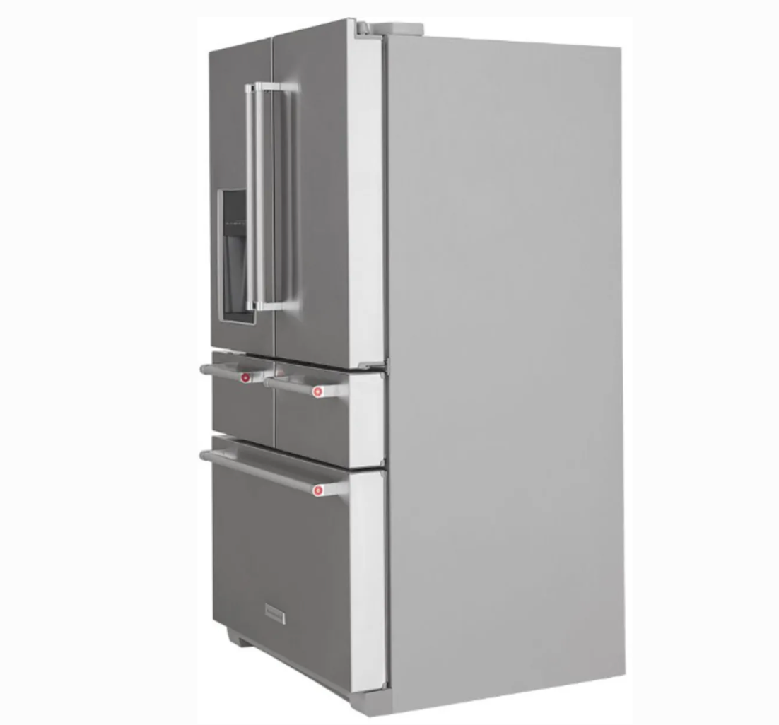 36 INCH KitchenAid KRMF706ESS 5-Door French Door Refrigerator * New Open Box *Freestanding 5-Door French Door Refrigerator 25.8 cu. ft., 5 Shelves, 2 Soft-Close Drawers, Exterior Ice and Water Dispenser, LED Lighting Sabbath Stainless Steel