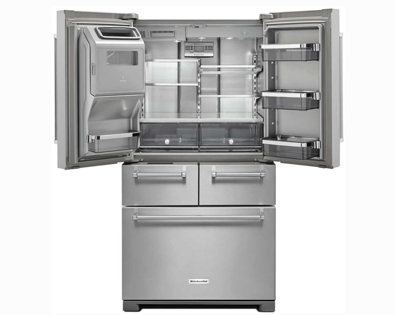 36 INCH KitchenAid KRMF706ESS 5-Door French Door Refrigerator * New Open Box *Freestanding 5-Door French Door Refrigerator 25.8 cu. ft., 5 Shelves, 2 Soft-Close Drawers, Exterior Ice and Water Dispenser, LED Lighting Sabbath Stainless Steel