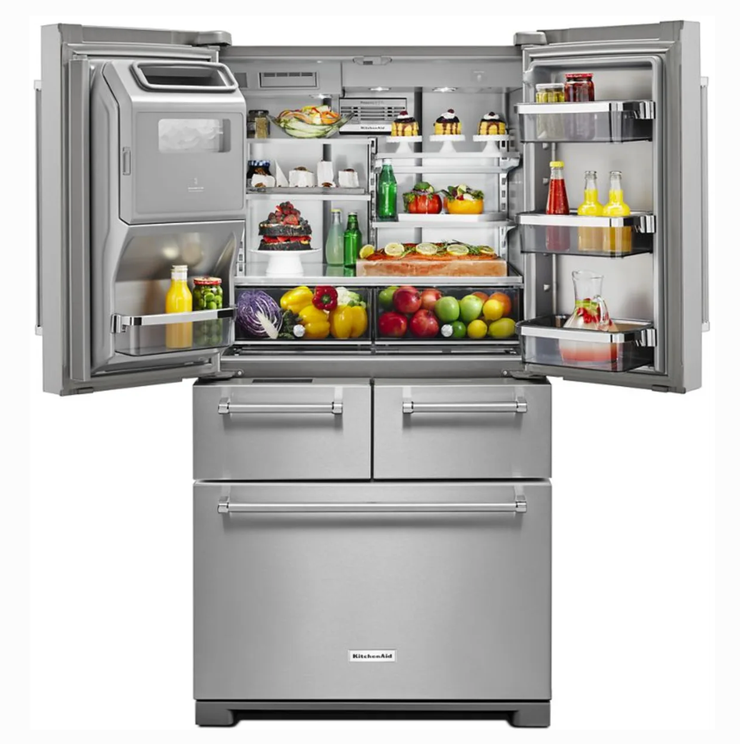 36 INCH KitchenAid KRMF706ESS 5-Door French Door Refrigerator * New Open Box *Freestanding 5-Door French Door Refrigerator 25.8 cu. ft., 5 Shelves, 2 Soft-Close Drawers, Exterior Ice and Water Dispenser, LED Lighting Sabbath Stainless Steel