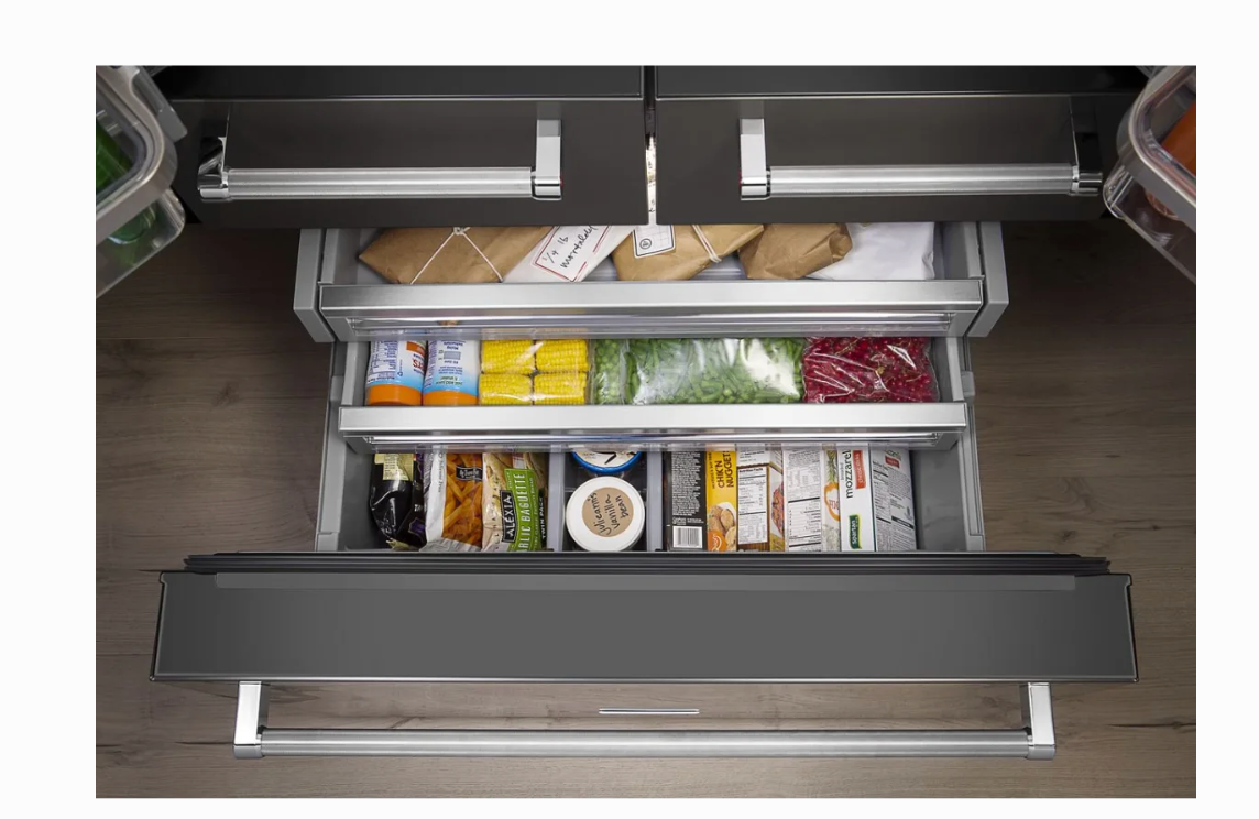 36 INCH KitchenAid KRMF706ESS 5-Door French Door Refrigerator * New Open Box *Freestanding 5-Door French Door Refrigerator 25.8 cu. ft., 5 Shelves, 2 Soft-Close Drawers, Exterior Ice and Water Dispenser, LED Lighting Sabbath Stainless Steel