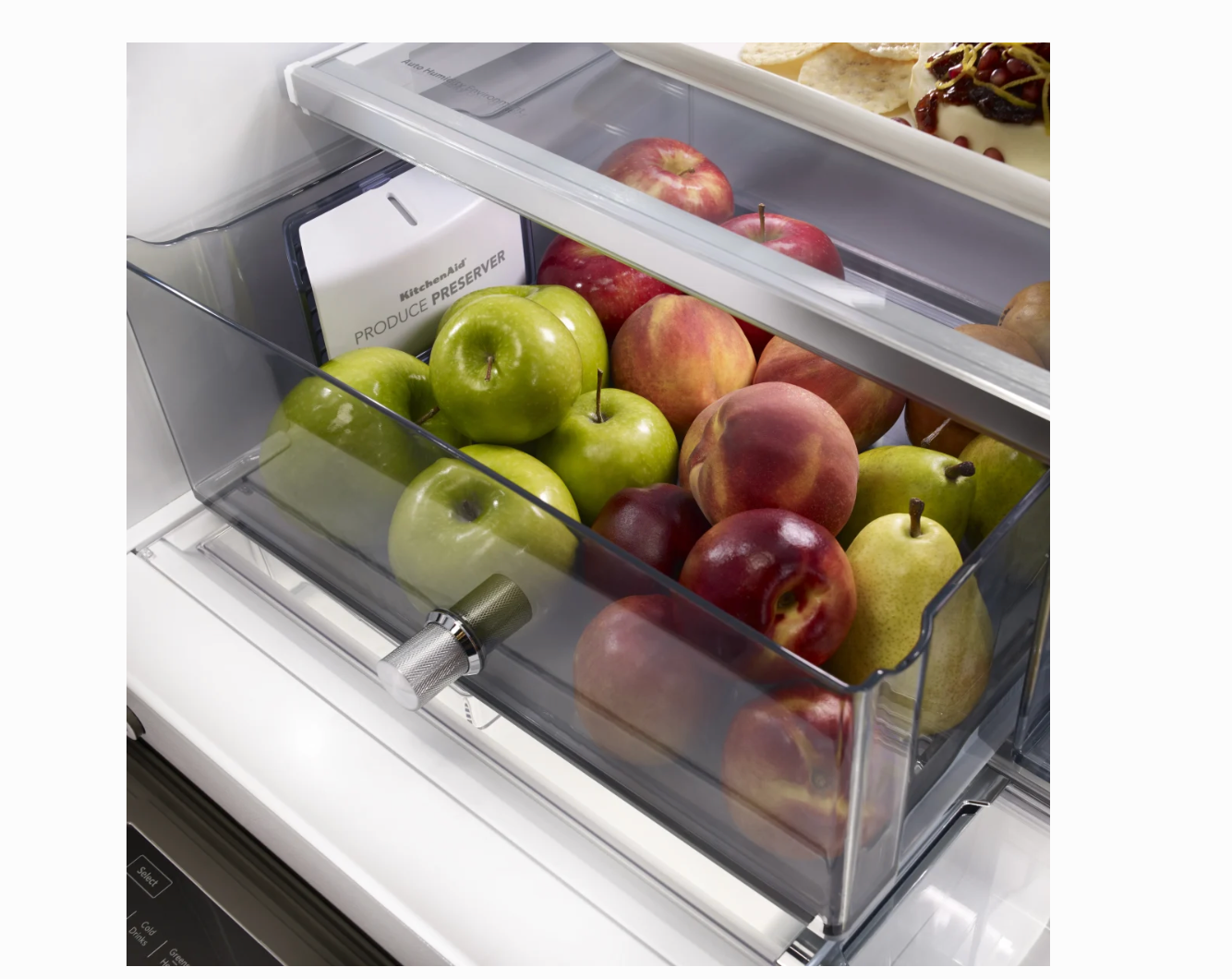36 INCH KitchenAid KRMF706ESS 5-Door French Door Refrigerator * New Open Box *Freestanding 5-Door French Door Refrigerator 25.8 cu. ft., 5 Shelves, 2 Soft-Close Drawers, Exterior Ice and Water Dispenser, LED Lighting Sabbath Stainless Steel