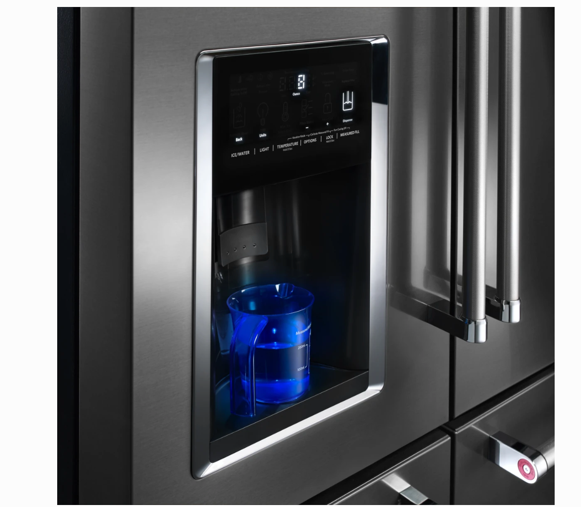 36 INCH KitchenAid KRMF706ESS 5-Door French Door Refrigerator * New Open Box *Freestanding 5-Door French Door Refrigerator 25.8 cu. ft., 5 Shelves, 2 Soft-Close Drawers, Exterior Ice and Water Dispenser, LED Lighting Sabbath Stainless Steel