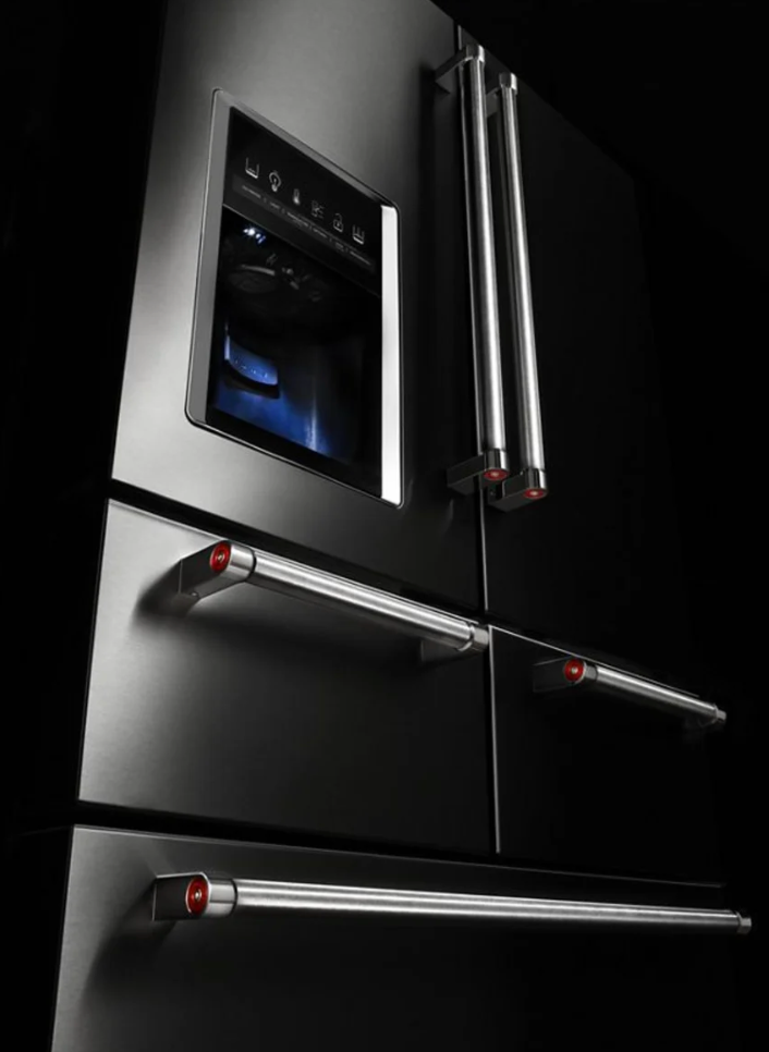 36 INCH KitchenAid KRMF706ESS 5-Door French Door Refrigerator * New Open Box *Freestanding 5-Door French Door Refrigerator 25.8 cu. ft., 5 Shelves, 2 Soft-Close Drawers, Exterior Ice and Water Dispenser, LED Lighting Sabbath Stainless Steel