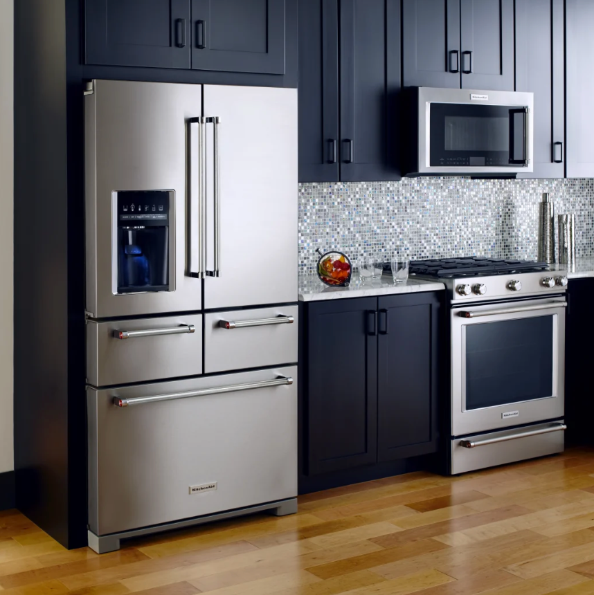 36 INCH KitchenAid KRMF706ESS 5-Door French Door Refrigerator * New Open Box *Freestanding 5-Door French Door Refrigerator 25.8 cu. ft., 5 Shelves, 2 Soft-Close Drawers, Exterior Ice and Water Dispenser, LED Lighting Sabbath Stainless Steel