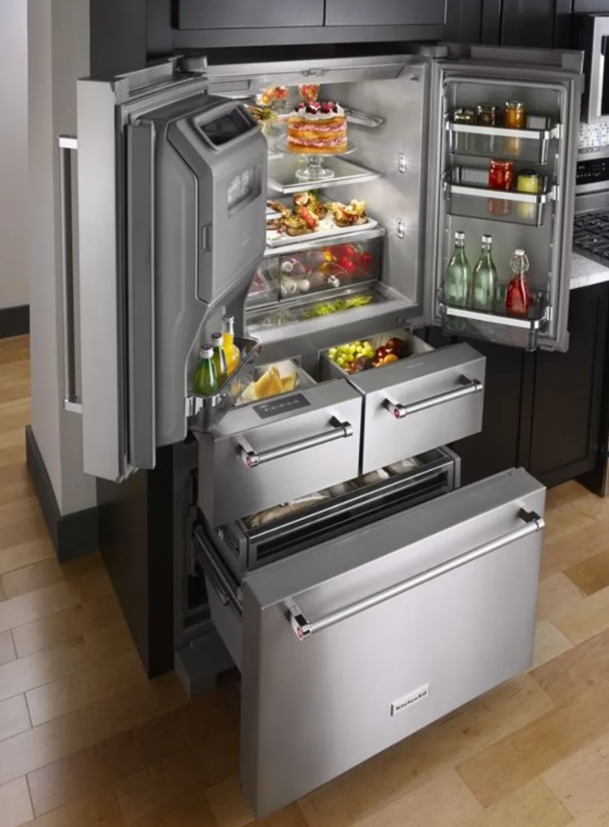 36 INCH KitchenAid KRMF706ESS 5-Door French Door Refrigerator * New Open Box *Freestanding 5-Door French Door Refrigerator 25.8 cu. ft., 5 Shelves, 2 Soft-Close Drawers, Exterior Ice and Water Dispenser, LED Lighting Sabbath Stainless Steel