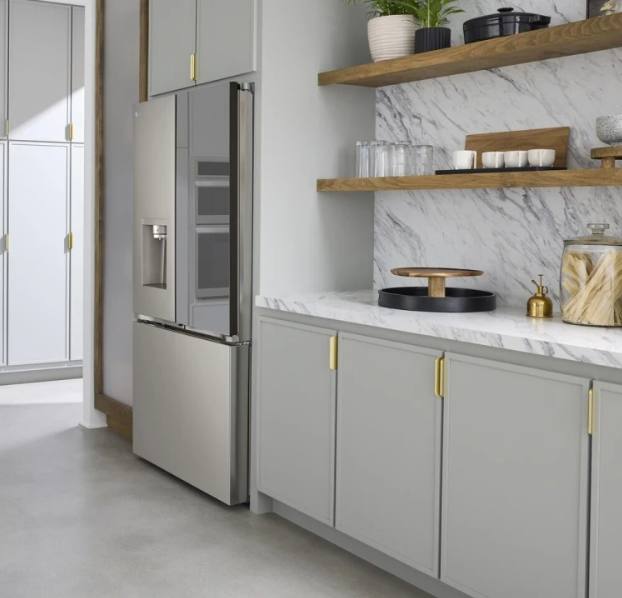 36 INCH LG LRYKC2606S Counter-Depth MAX French Door Refrigerator  Smart  26 Cu. Ft., 4 Split Shelves, UV nano Dispenser, 3 Ice Maker,  ADA , Print Proof Stainless Steel .