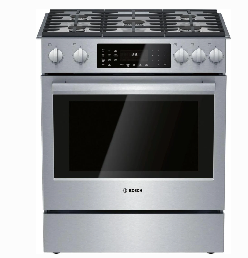 30 INCH Bosch 800 Series HDI8056U Slide-In Dual Fuel Range * New Open Box  * 5 Sealed Burners, 4.6 cu. ft. Oven, Touch Control, Warming Drawer,  Meat Probe, Self-Clean, Sabbath , Stainless Steel