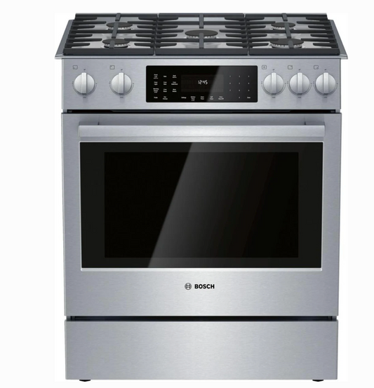 30 INCH Bosch 800 Series HDI8056U Slide-In Dual Fuel Range * New Open Box  * 5 Sealed Burners, 4.6 cu. ft. Oven, Touch Control, Warming Drawer,  Meat Probe, Self-Clean, Sabbath , Stainless Steel
