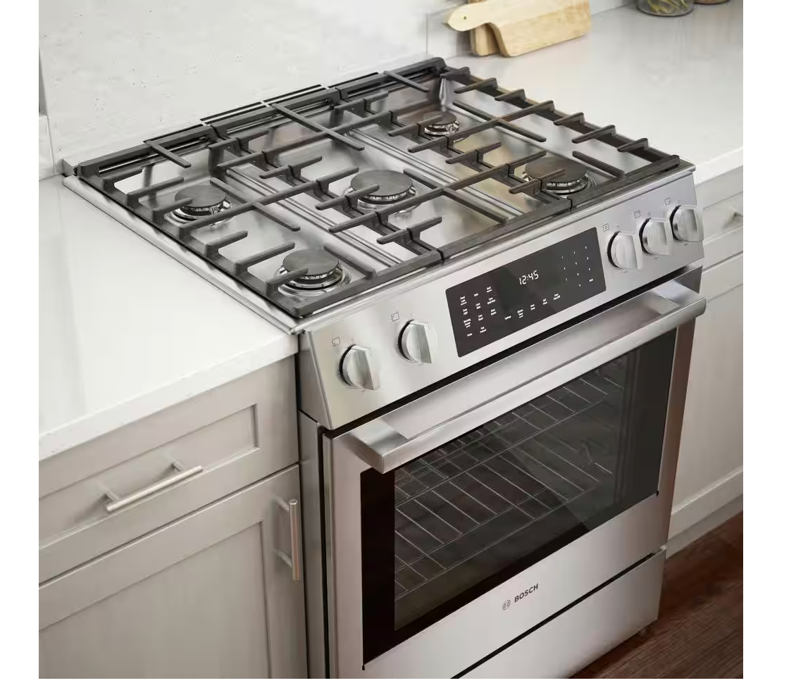 30 INCH Bosch 800 Series HDI8056U Slide-In Dual Fuel Range * New Open Box  * 5 Sealed Burners, 4.6 cu. ft. Oven, Touch Control, Warming Drawer,  Meat Probe, Self-Clean, Sabbath , Stainless Steel