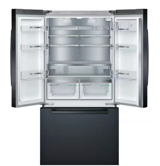 36 INCH Bosch 800 Series  B36CT80SNB Smart Counter Depth French Door Refrigerator  21 Cu. Ft., Wi-Fi, Ice Maker, Touch Control Panel, LED, Dual Evaporators,  ENERGY STAR Black Stainless, Used Condition
